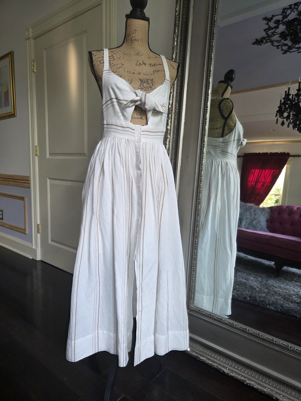 Shona Joy Ivory Tie-Front Midi Dress with Subtle Stripes 8